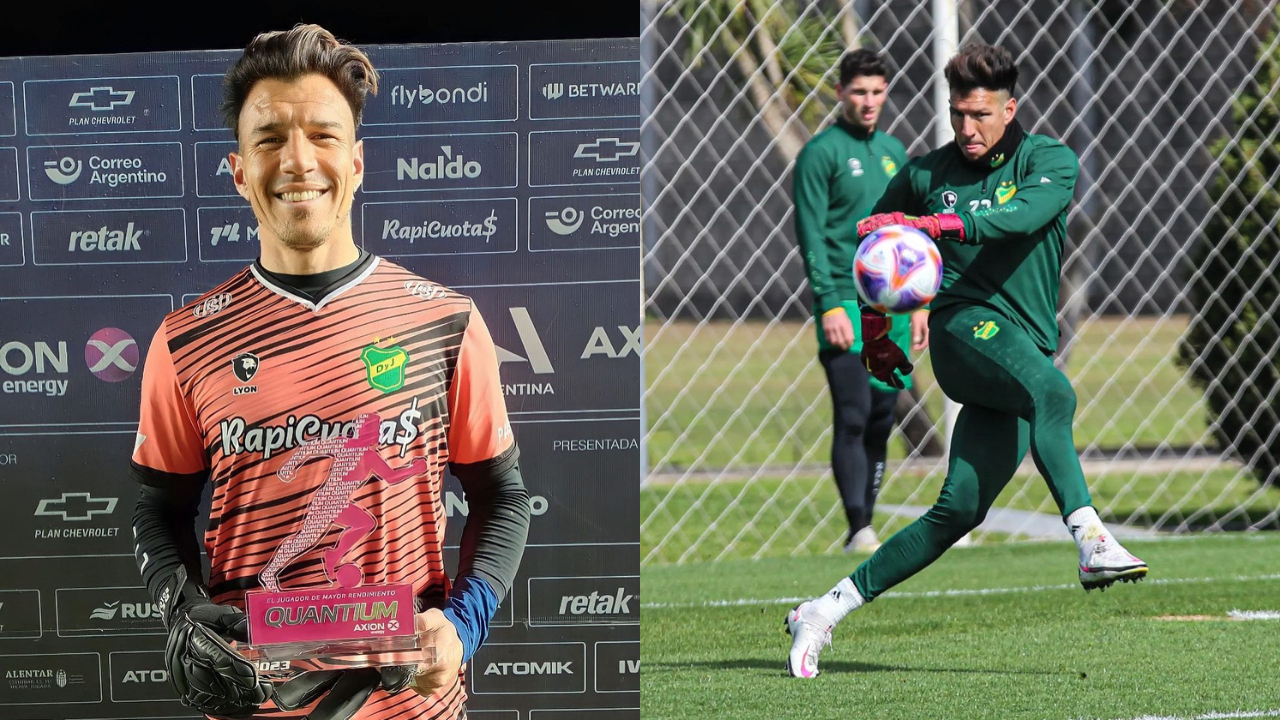 Prediksi Defensa vs Godoy Cruz, Divisi Utama Argentina Enrique Bologna (23/Penjaga Gawang), saat menjadi Player of the Match pada laga sebelumnya (kanan). Saat latihan bersama para pemain Defensa y Justicia (kiri). (Sc: Instagram @defensayjusticiaoficial)