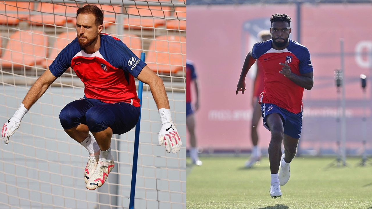Prediksi Valencia vs ATM, La Liga Spanyol Thomas Lemar (11/Gelandang) dan Jan Oblak (13/Penjaga Gawang) dalam sesi latihan Atletico Madrid menjelang laga lawan Valencia. (Sc: Instagram @atleticodemadrid)