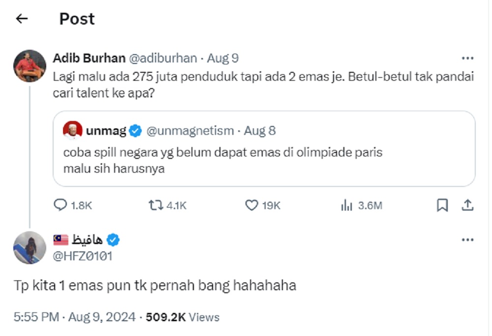 Tangkap layar cuitan akun X netizen Malaysia tentang olimpiade Paris (SC: X)